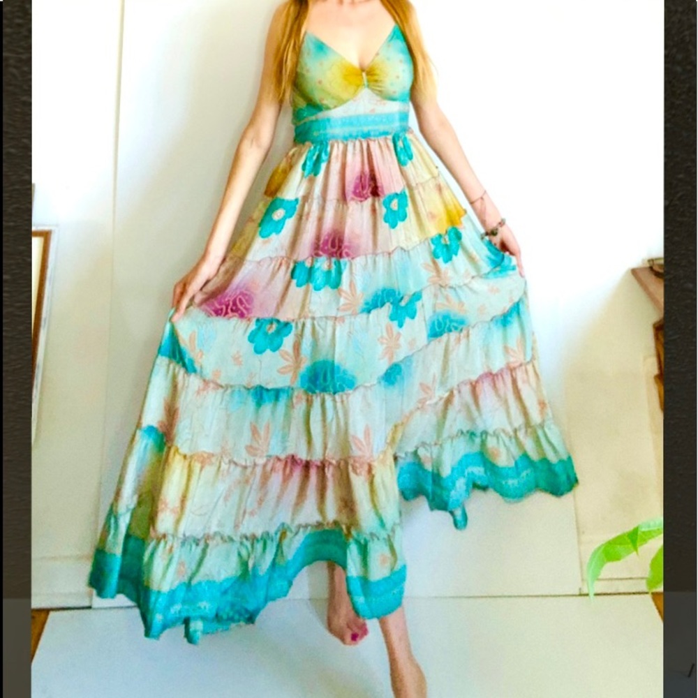 Amazing Magical Tiered Maxi Dress made from Vintage Saris-turquoise w/sparkles🦋